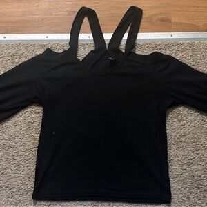 SHEIN Black Strappy Women's Lg Ribbed Long Sleeve Blouse